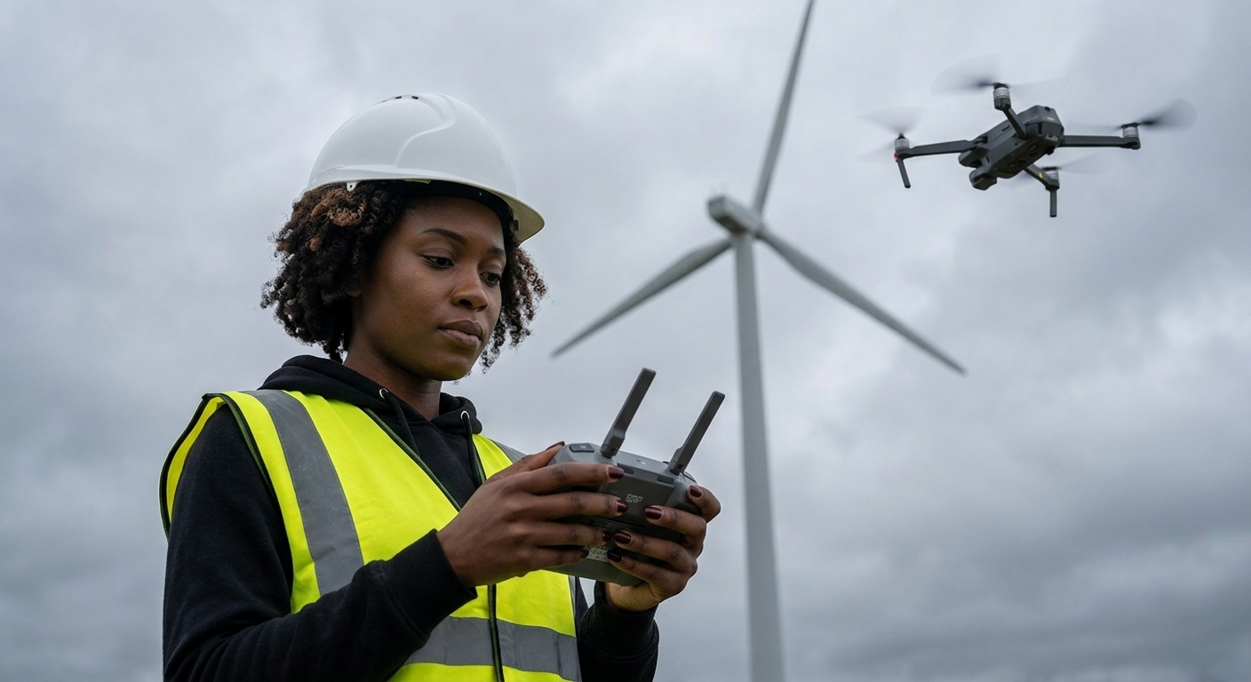 An engineer flying a drone with a handheld controller